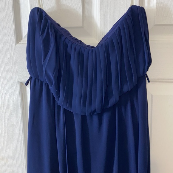 Navy strapless flowy high front long back dress - Picture 2 of 4